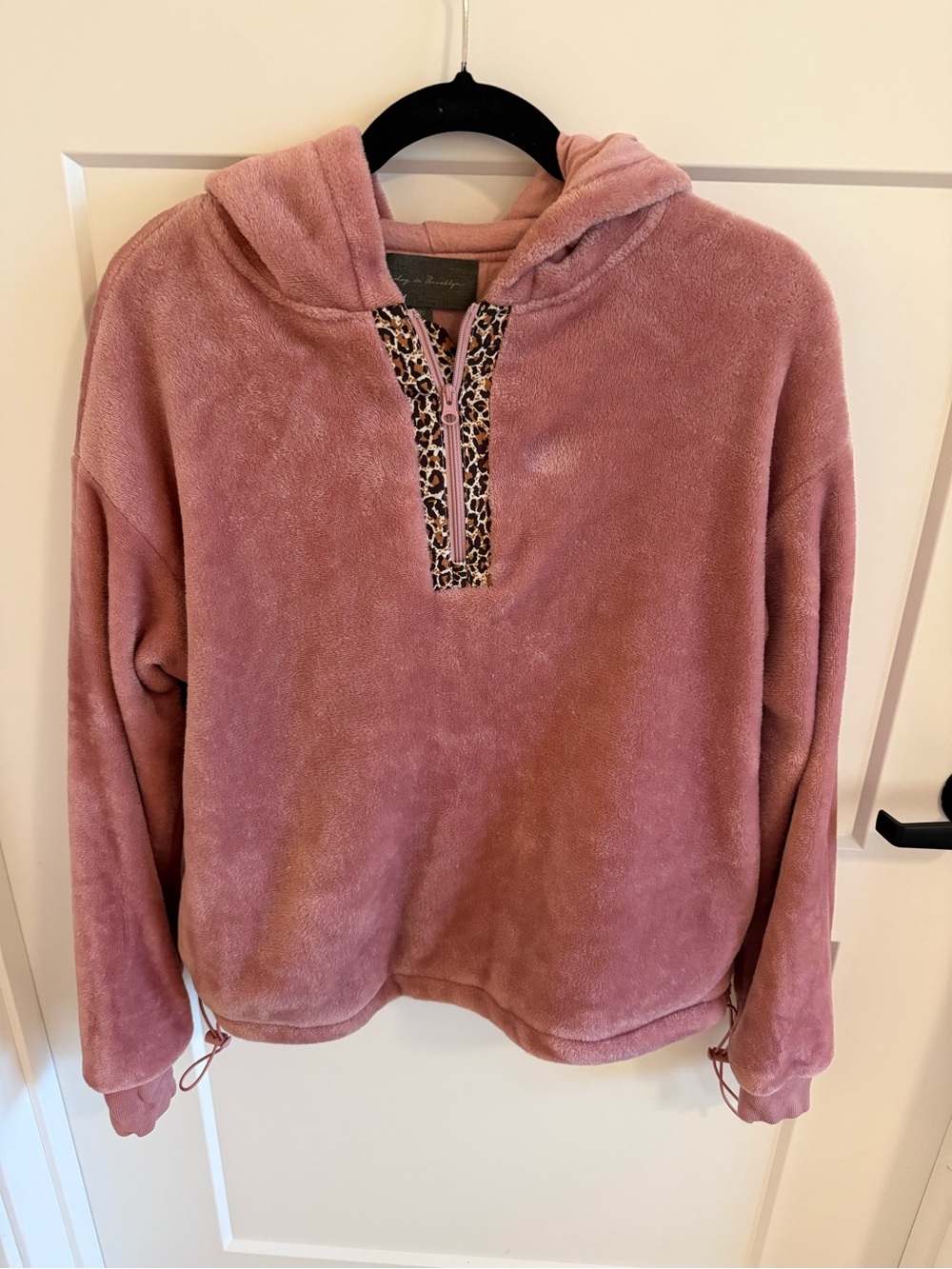 Sundy in Brooklyn Plush Fleece Hoodie Pink Leopard Quarter Zip Pullover Size XS